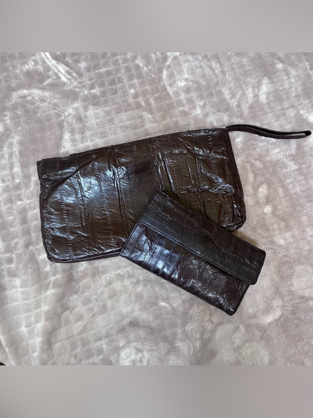 Dark Brown Croc-Embossed Clutch and Wristlet Set